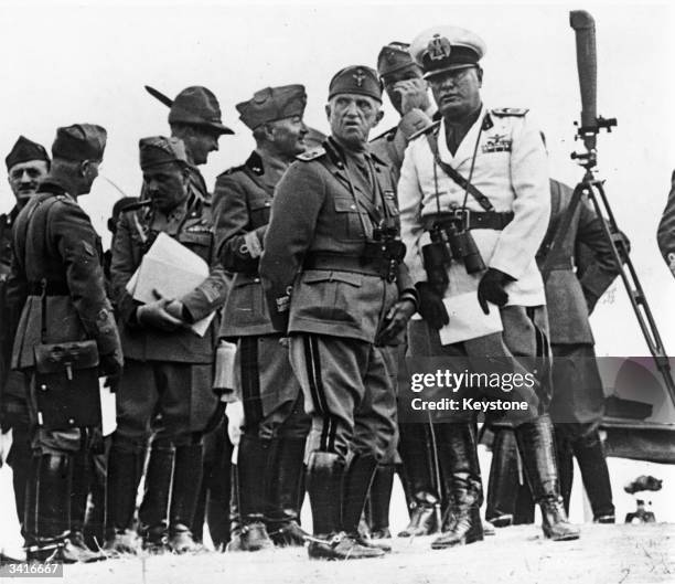 The King of Italy, King Victor Emmanuel III and Mussolini at the Rome Army Corps manoeuvres in the Abruzzi.