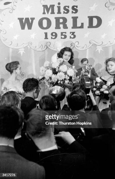 Miss France, Denise Perrier, celebrates winning the 'Miss World' beauty competition sponsored by Mecca Dancing. Original Publication: Picture Post -...