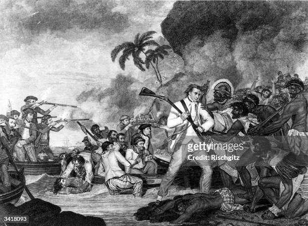 English naval officer, cartographer and explorer James Cook , approaching his death during a skirmish at Karakakooa Bay, Owhyhee.