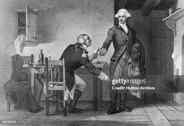 American turncoat Benedict Arnold persuades Major Andre to conceal papers, to be sent to the British to enable them to capture West Point, in his...
