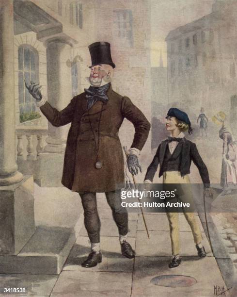The characters 'Mr Micawber' and 'Young Copperfield' in an illustration from the Charles Dickens novel 'David Copperfield'.