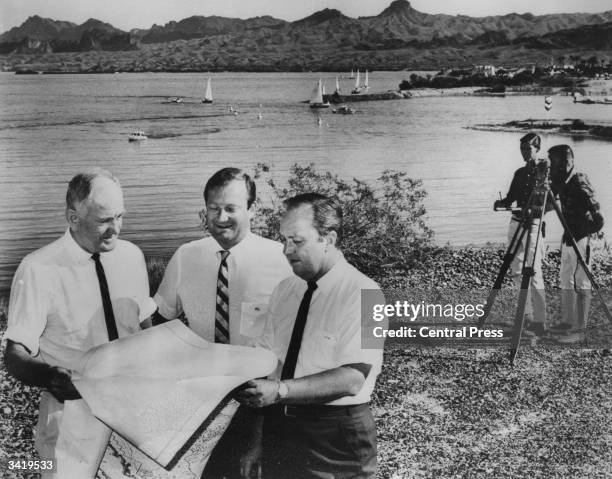 Surveying at Lake Havusa, Arizona, prior to re-erecting London Bridge on the site.