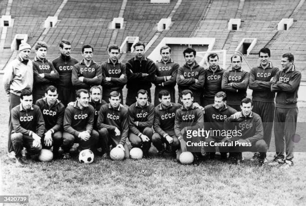 The Russian squad, ahead of their World Cup matches in England in 1966. Left to right: - senior coach Nicholai Morozov; Edward Malafeev; Juan...