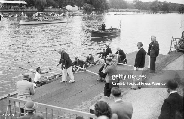 Olympic rowing team that won gold medal for the Fours with Cox at Henley-on-Thames. Warren Westlund, Robert Martin, Robert Will, Gordon Giovanelli...