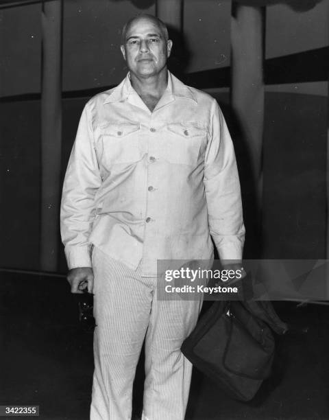 American method actor Marlon Brando arrives in Australia after completing Francis Ford Coppola's film 'Apocalypse Now'.