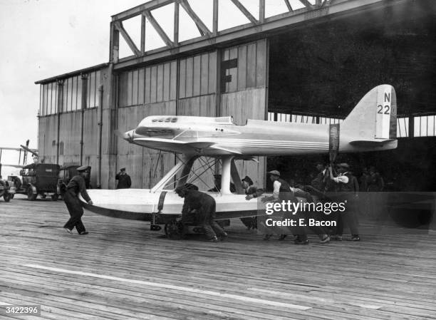 Supermarine Monoplane N220, a competitor on the Schneider Cup Trophy, is wheeled out for a test flight at Calshot, Southampton.