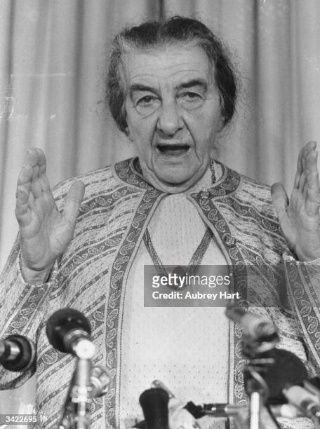 Russian-born Israeli prime minister Golda Meir at her Churchill Hotel press conference.
