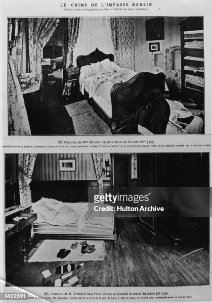 Two bedrooms in the Steinheil house on the morning after the murders. Jeanne-Marguerite Steinheil was accused of murdering her husband and her mother...