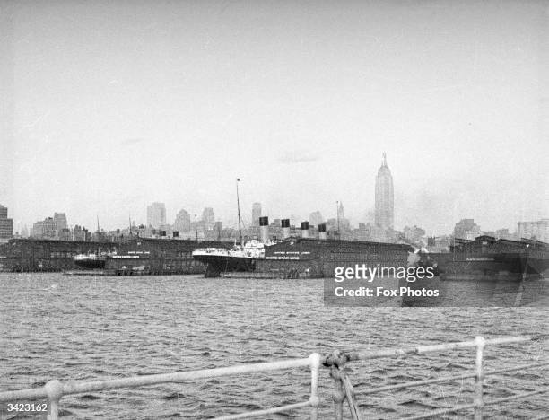 The White Star liner RMS Olympic in dock at New York harbour.