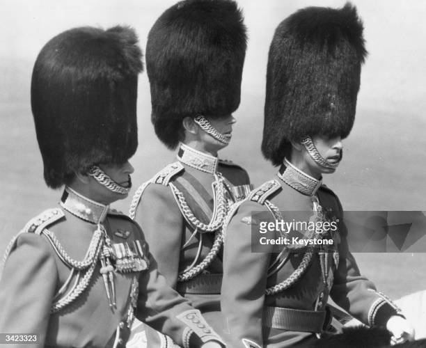 Prince Philip, Duke of Edinburgh , Charles, Prince of Wales and Edward, Duke of Kent wearing Guards' uniforms and bearskins at a Trooping of the...