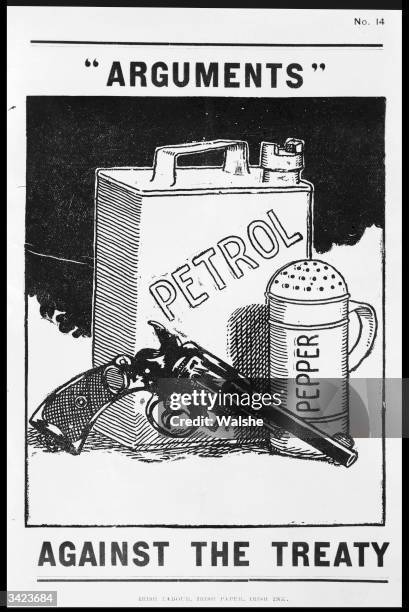 Petrol can, revolver and pepper pot symbolising Republican Sinn Fein members objections to the Anglo-Irish Treaty and the partition of Ireland....