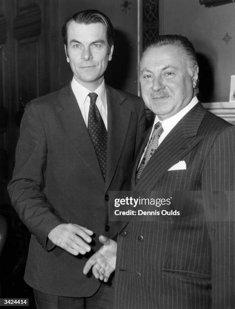 Mr Umit Bayulken, Secretary-General of CENTO, calls upon Dr David Owen, British Foreign Secretary, at the Foreign Office, while making a tour of the...