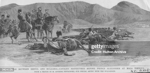 Prince Alexander I of Battenburg observes cavalry manoeuvres during the war between Serbia and Bulgaria.