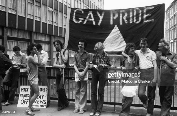 Members of the Gay Liberation Movement protesting outside the Old Bailey over Mary Whitehouse's court action against the Gay News Magazine.