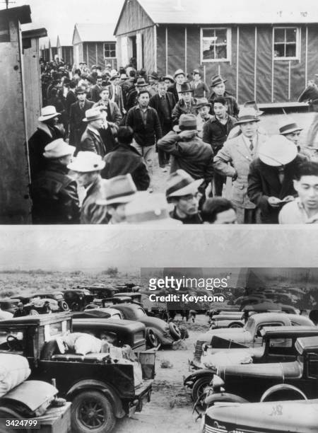Above, evacuees arriving in the first Japanese evacuation colony in California, America and below some of the cars in which the evacuees arrived in.