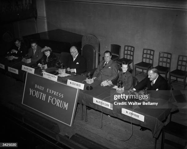 Panelists at the Daily Express Youth Forum, left to right, film director Ronald Neame, actors Kieron Moore and Glynis Johns, Beverley Baxter, actor...