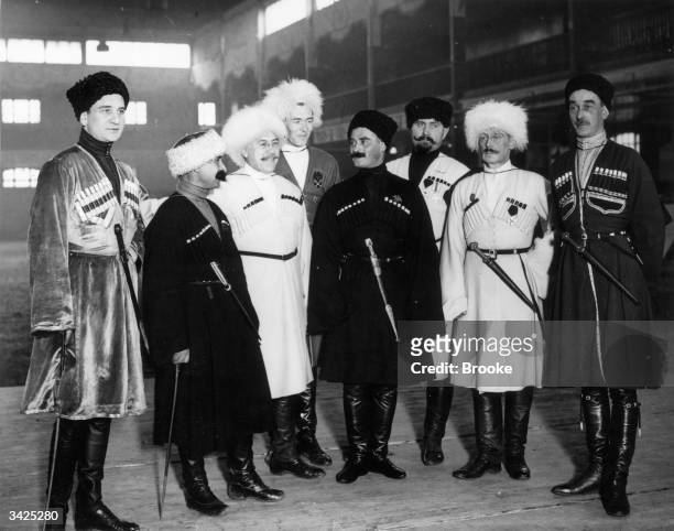 Group of distinguished Cossacks at a performance of traditional Cossack music, dancing and equestrian feats at Holland Park Hall in London, 2nd...