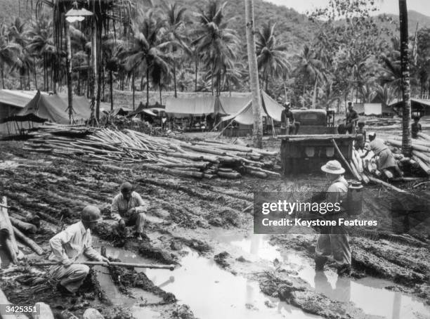 An American soldier spraying oil on stagnant water to kill mosquito, whilst others take samples of mosquito larvae for malaria.