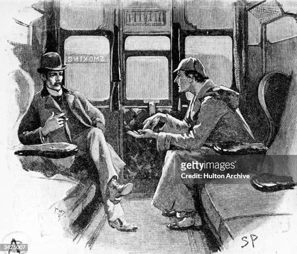 Detective Sherlock Holmes in a railway carriage with his companion Dr Watson. Original Artwork: Drawing from 'Strand' magazine
