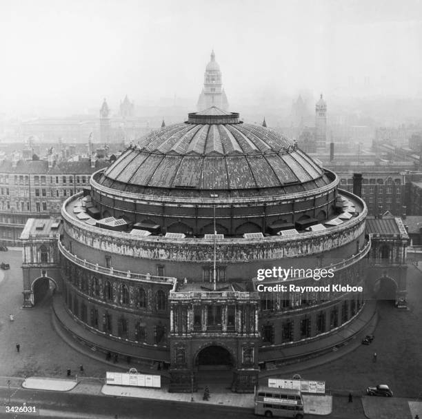 An elevated view of the Royal Albert Hall from the top of the Albert Memorial in Kensington, London.