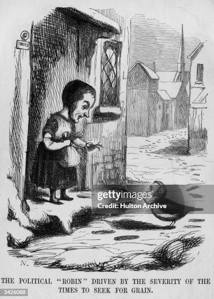 'The Political 'Robin' Driven By The Severity Of The Times To Seek For Grain'. Cartoon showing a robin with a human face being fed by Cobden as a...