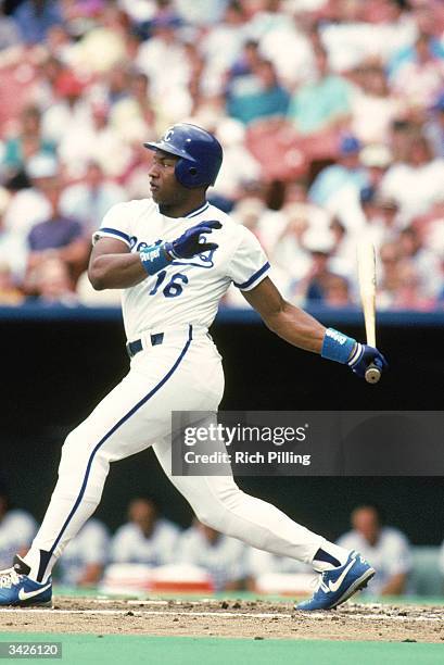 Bo Jackson of the Kansas City Royals at bat in a 1990 season game at Kauffman Stadium in Kansas City, Missouri.