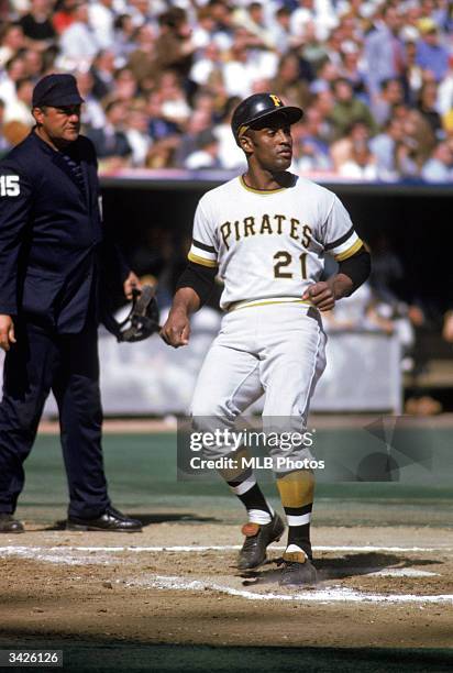 Roberto Clemente of the Pittsburgh Pirates scores a run during a 1970 National League Championship Series game.