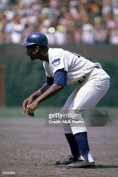 Ernie Banks of the Chicago Cubs leads off base during a 1969 season game at Wrigley Field in Chicago, Illinois.