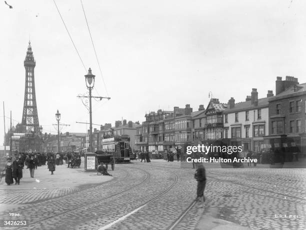 Main street, with tramlines, in the seaside resort of Blackpool, Lancashire.