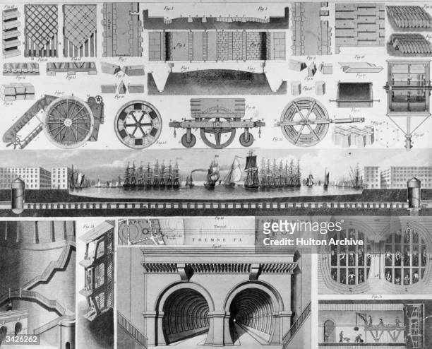 Plans for Isambard Kingdom Brunel's tunnel under the River Thames, London.