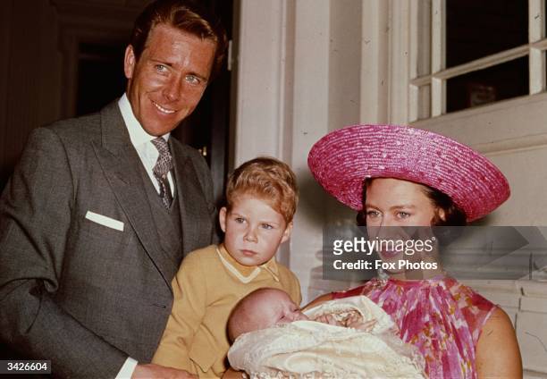 Princess Margaret with Lord Snowdon and Viscount Linley at Kensington Palace shortly after the birth of her daughter, Lady Sarah Armstrong-Jones.