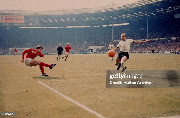 Geoff Hurst scores England's third goal against West Germany in the World Cup final at Wembley Stadium. The goal, awarded upon the judgement of the...