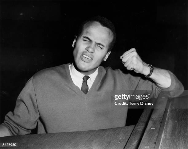 American singer and actor, Harry Belafonte, rehearsing at the Riverside Studios before a BBC appearance.