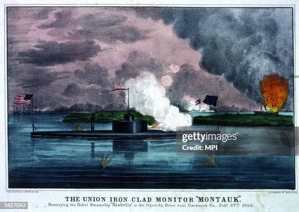 The 'Montauk', a Union Navy submarine, commonly known as an Ironclad, sinking the Confederate Ship 'Nashville' in the Ogeeche River near Savanna,...