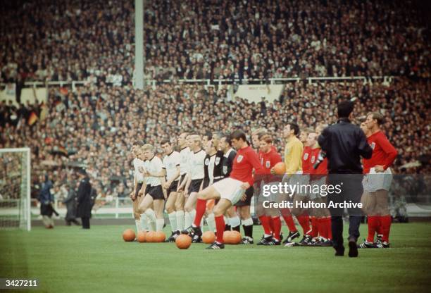England and West Germany lining up before the 1966 World Cup final at Wembley Stadium which England won 4-2.