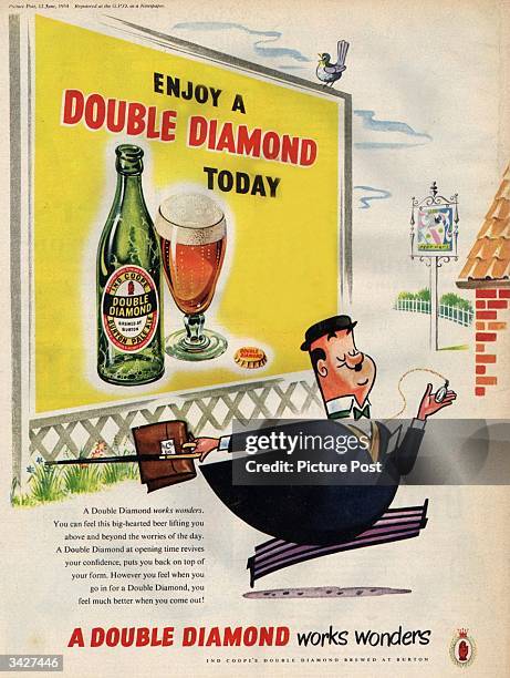 Sprightly businessman makes his way to the local pub after work, to 'enjoy a Double Diamond today'. An Inde Coope Burton Pale Ale, 'A Double Diamond...