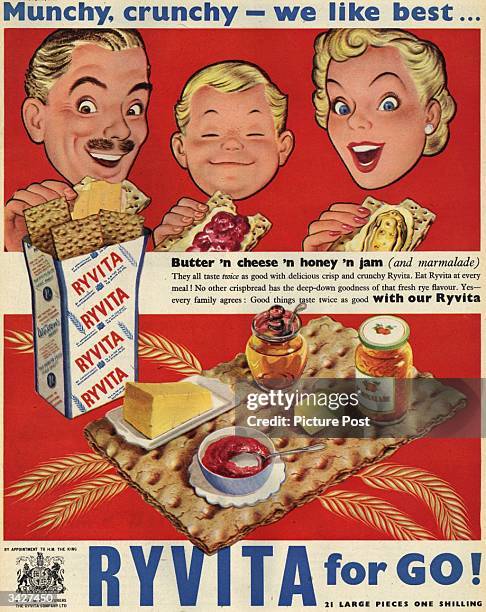 Happy family tucking into 'Munchy, crunchy, we like best' Ryvita, the rye crispbread. Original Publication: Picture Post Ad - Vol 51 No 9 P 42 - pub....