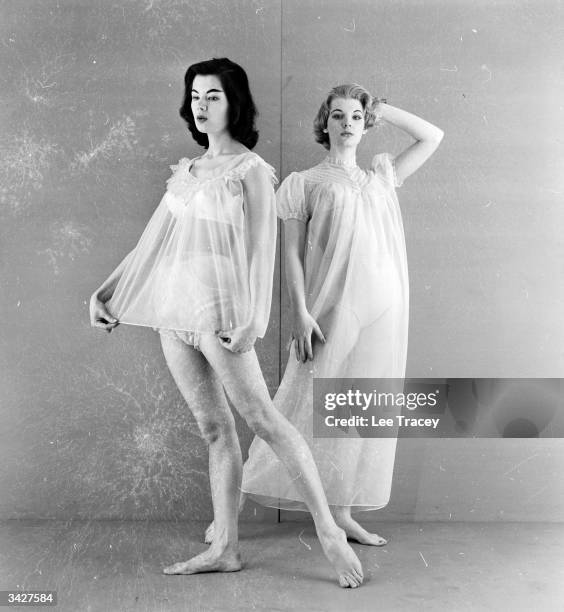 Fashion models Yolande Joy and Lynn Tracey wear nylon nightdresses made at Keystone Knitting Mills in Elstree, Hertfordshire.