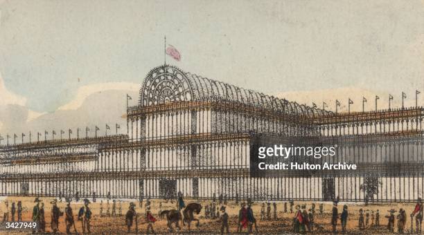 Crowds outside the Crystal Palace in London's Hyde Park, venue of the 1851 Great Exhibition. The massive iron and glass structure was designed by Sir...