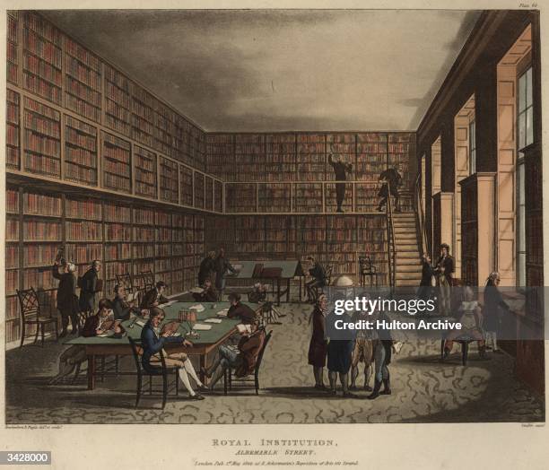 The library of the Royal Institution in Albemarle Street, London. An engraving by Rowlandson & Pugin, coloured by Stadler.