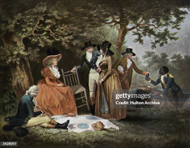 Group of society ladies and gentlemen embark on a picnic by a river, aided by a black servant.