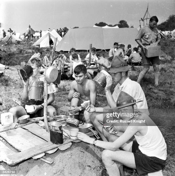 Scouts gather in a vast camp at Sutton Coldfield, near Birmingham to celebrate the centenary of Baden-Powell's birthday.