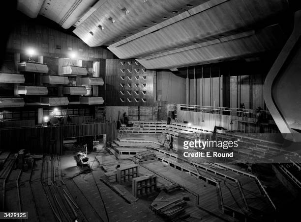 The interior of the Royal Festival Hall on London's South Bank nears completion, lacking only furnishings and decoration. The Hall is being...