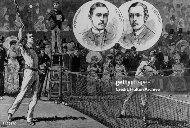 Twins Willie and Ernest Renshaw playing the final set in the Wimbledon Lawn Tennis Men's Singles Championships of 1882. Willie beat his brother in...