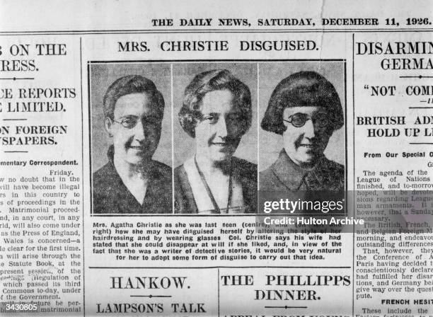 Photographs in The Daily News of crime writer Agatha Christie showing how she may have disguised herself after her disappearance.