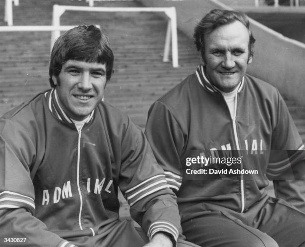 The England football manager, Don Revie, with his captain, Emlyn Hughes during a training session at Wembley before a game against Hungary.