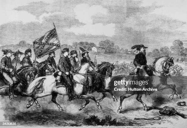 Confederate General Jeb Stuart with his cavalry, scouting in the neighbourhood of Culpepper courthouse. Original Publication: Illustrated London News...