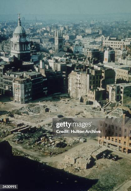 Flattened buildings in the area around the Old Bailey, London after a World War II German bombing raid.