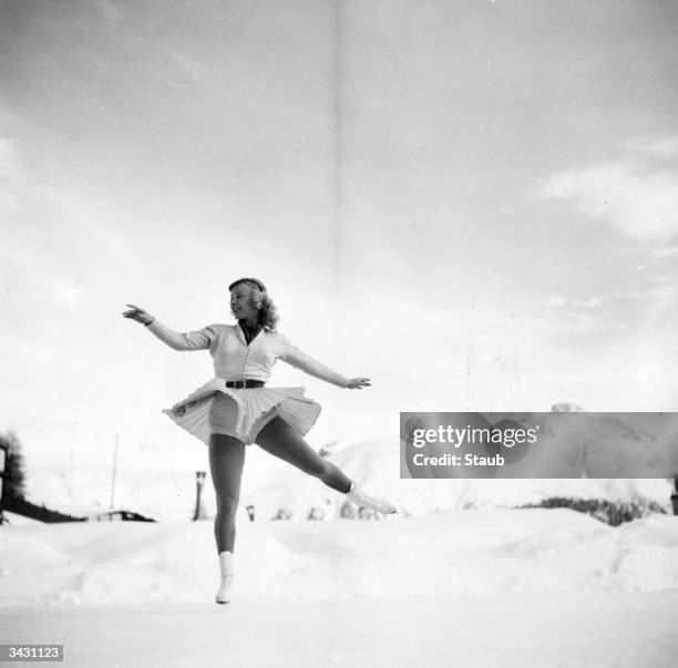 American figure skater, Gretchen Merrill, in St Moritz, Switzerland for the Winter Olympics.