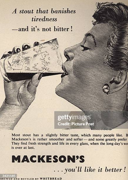 Woman downing a glass of Mackeson's, the Whitebread stout heralded as - 'The Stout that banishes tiredness... And it's not bitter!'. Original...